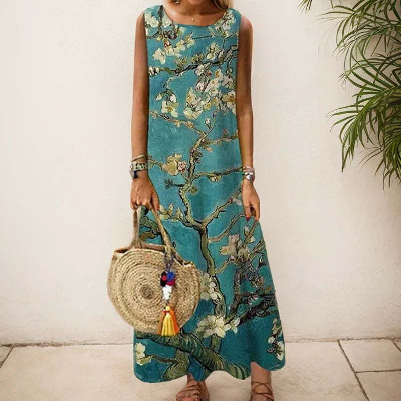 Elegant Printed O-Neck Sleeveless Women Dress  Loose Casual Beach Long Dresses Ladies Boho Maxi Dress