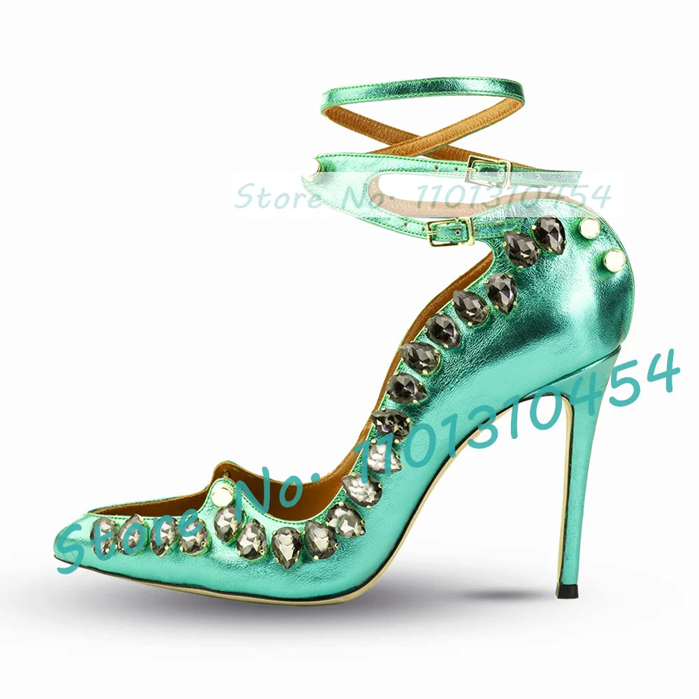 Gems Trim Green Metal Heel Sandals With Metal Nails