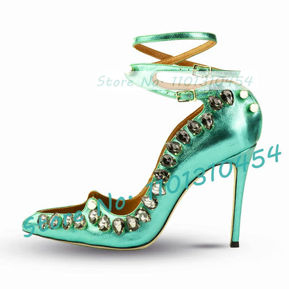 Gems Trim Green Metal Heel Sandals With Metal Nails