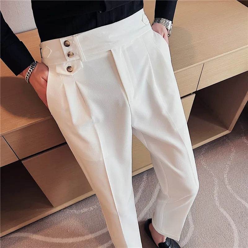 High Waist Men Suit Pants 2023 British Style Casual Dress Pants Men Slim Fit Trousers Formal Office Wedding Party Pantalon Homme