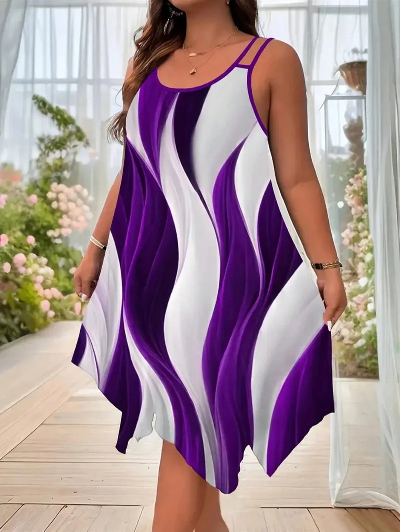 Plus Size Women Casual Striped Print Asymmetric Hem Sleeveless Dress Summer Elegant