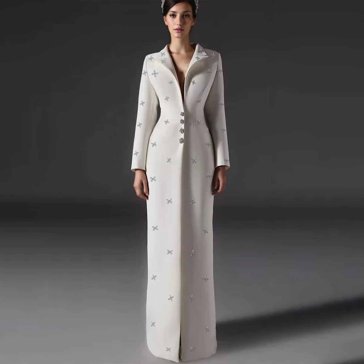 Women Long Blazer Dress Crystal Beading V Neck Jacket