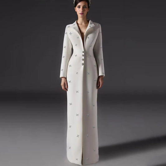 Women Long Blazer Dress Crystal Beading V Neck Jacket