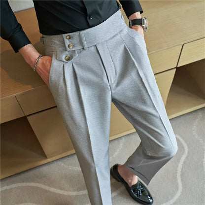 British Style Pants Men High Waist Belt Design