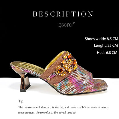 Italian Fashion Square toe Women Strange Heels Bigger size Fashion Rhinestone Decoration Brown Shoes And Bag set Party bag