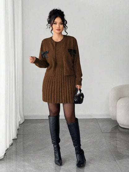 Gray Knit Pleated Skirt Set with Bow-Trimmed Cardigan, Loose Fit