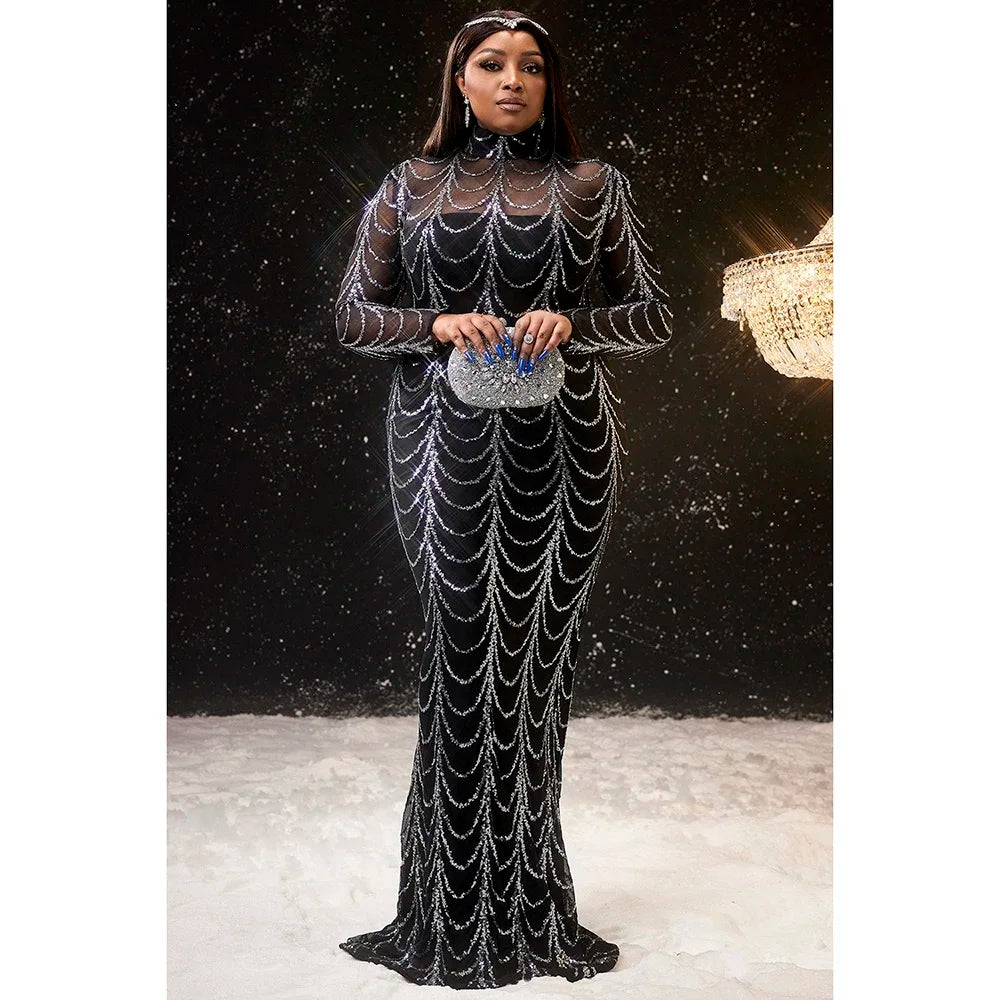 Plus Size Fashion Women's Black Satin Sequin Dress