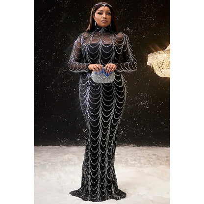Plus Size Fashion Women's Black Satin Sequin Dress