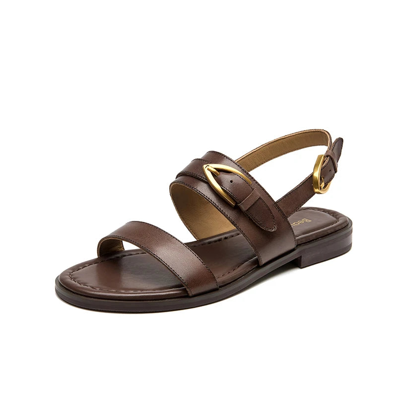 Flat Sandals Genuine Leather Metal Buckle  Slingback Low Heel Summer Retro Ladies Shoes