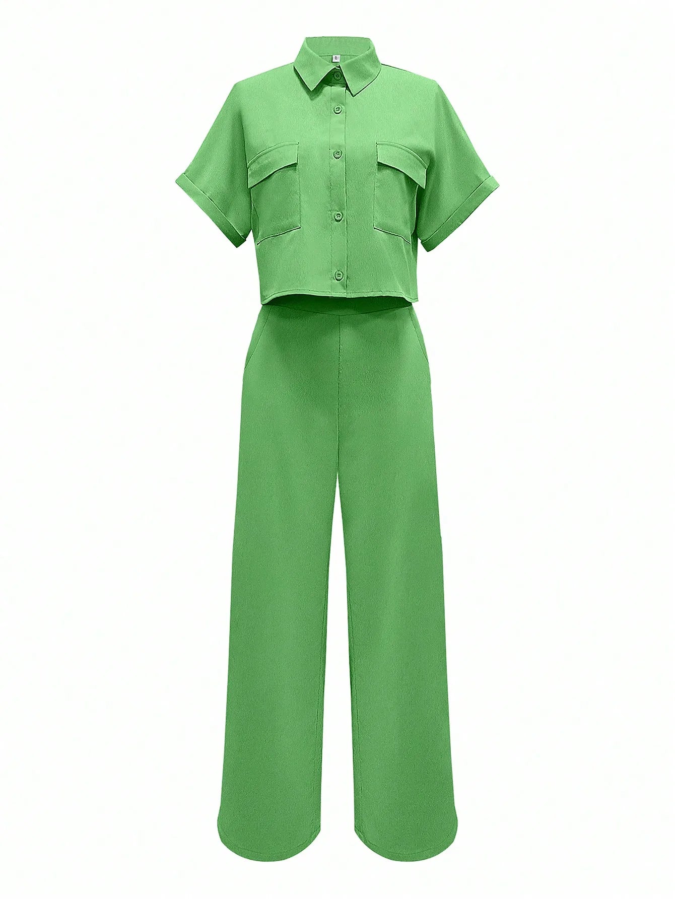 Women Green 2-Piece Short Sleeve Set Button-Up Top and Wide Leg Pants