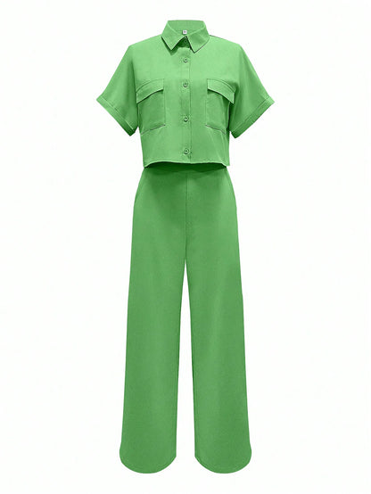 Women Green 2-Piece Short Sleeve Set Button-Up Top and Wide Leg Pants