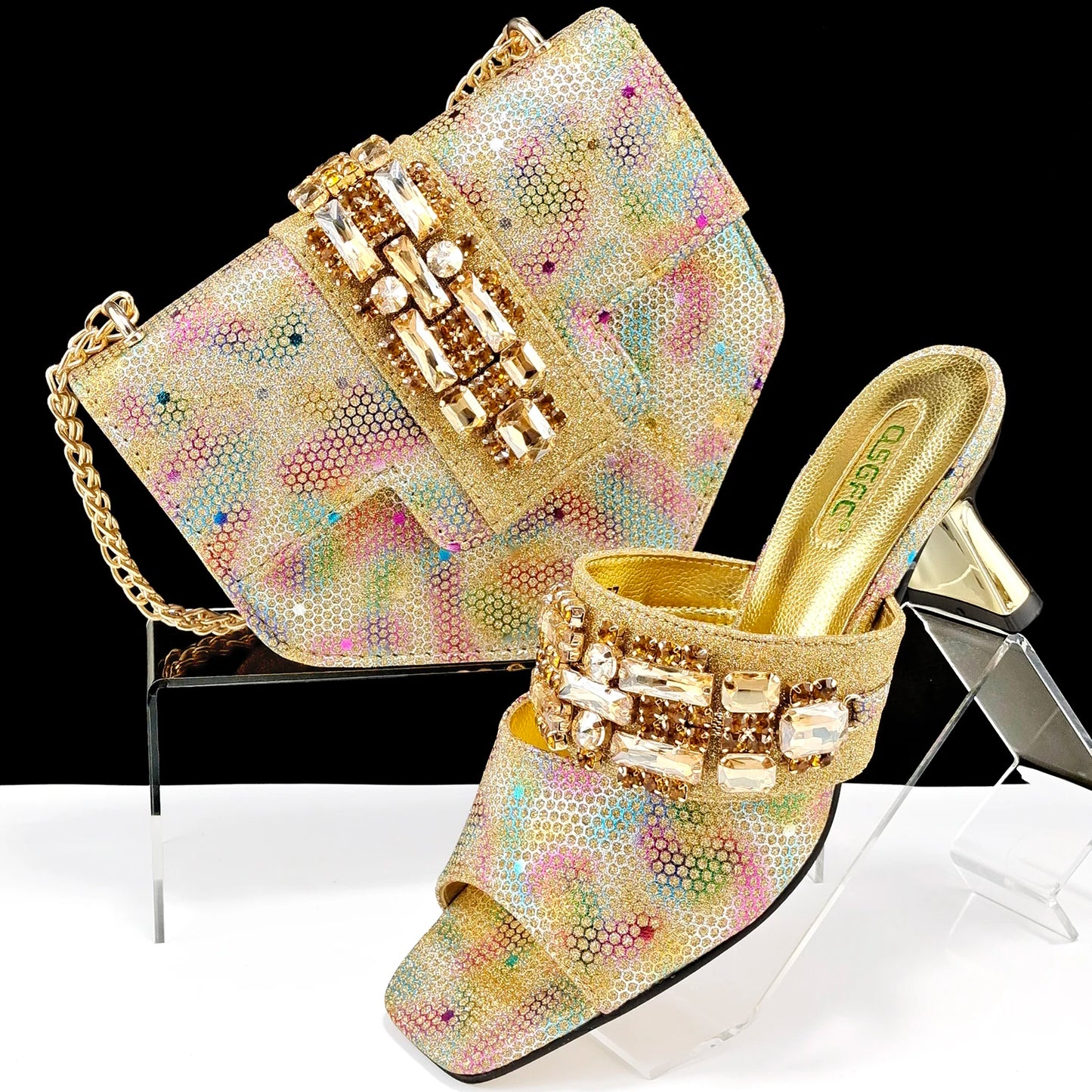 Italian Fashion Square toe Women Strange Heels Bigger size Fashion Rhinestone Decoration Brown Shoes And Bag set Party bag