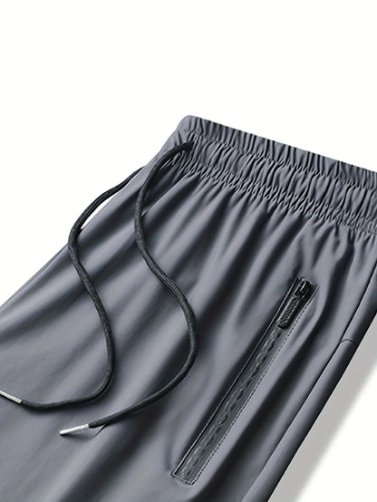 Men's Waist Drawstring Quick-drying High Elasticity Solid Color Sports  Long Pants With Zipper Pockets