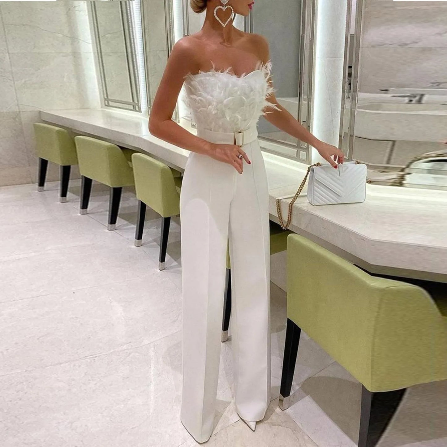 Women Jumpsuit Feather Tube Top Sexy Evening Jump Suits Sleeveless High-waisted Straight Playsuits Night Clubwear Overalls