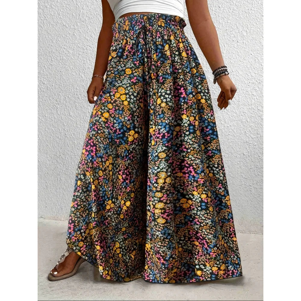 Plus Size 1XL-5XL Women Fashion Floral Print Wide Leg Pants