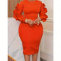 Plus size Orange Red Elegant Solid Color Patchwork Lace-up Dress