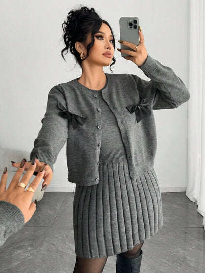 Gray Knit Pleated Skirt Set with Bow-Trimmed Cardigan, Loose Fit