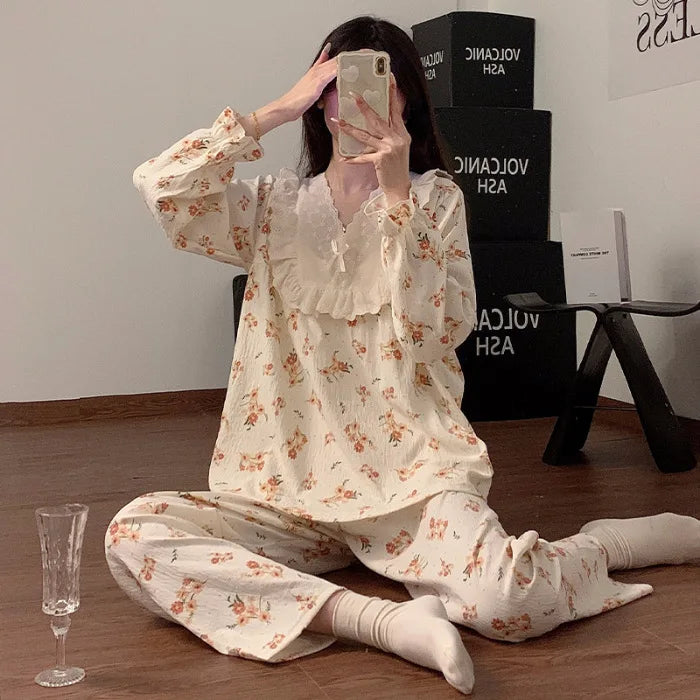 Women`s Lace Flower 2 Piece Pajamas Set V-neck Ruffled Nightwear Clothes