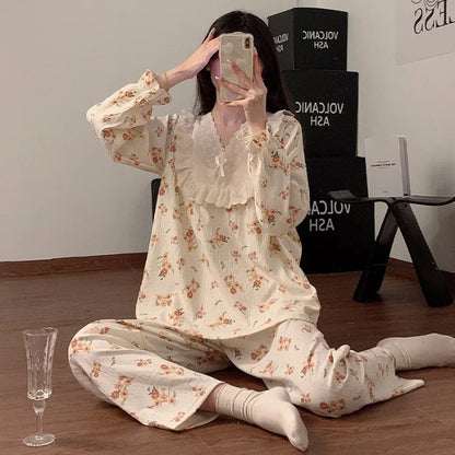 Women`s Lace Flower 2 Piece Pajamas Set V-neck Ruffled Nightwear Clothes