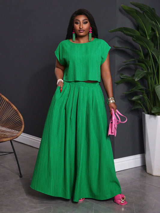 Emerald Green 2-Piece Set for Plus Size Women, Short Sleeve Crop Top & Maxi Skirt