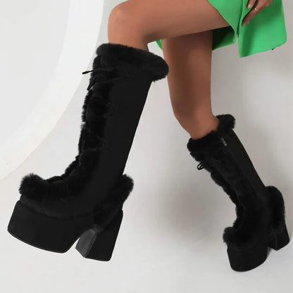 Fur Super Chunky High Heel Platform Mid-Calf Boots For Women