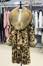 Women Fox Lapel Collar Natural Whole Skin Genuine Fur Long Jacket Real Rabbit Fur Leopard Print Overcoat