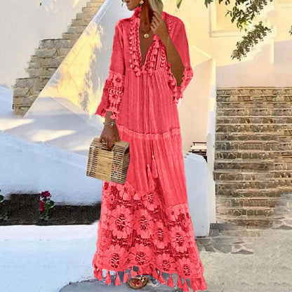 Ladies Bohemian V-Neck Tassel Large Size Casual Dress