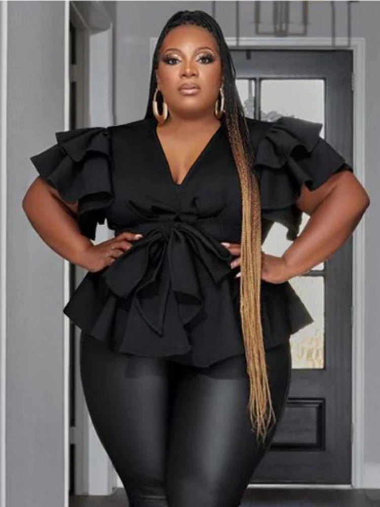 Women Plus Size Tops Elegant Deep V Neck Ruffles Shirts