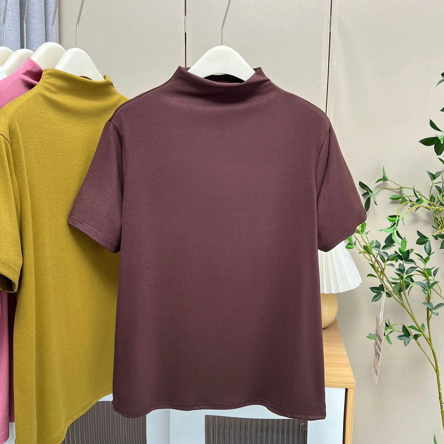Temperament Half High Neck Solid Color Short Sleeve Tees Plus Size Women's Base T-shirt