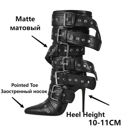 Women Pointed Toe Mid-Calf Boots Buckle Strap Thin High Heel Lady Zipper Female  Stiletto Boots