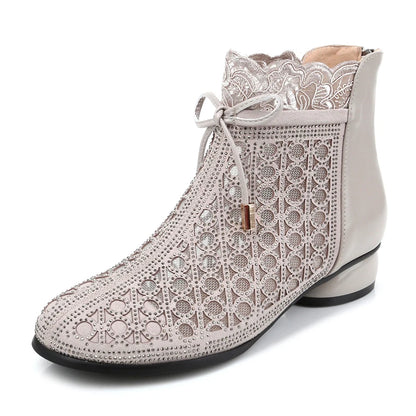 Spring Summer Ankle Boots Rhinestones Sandals Mesh Boots Hollow Women's Shoes Genuine Leather