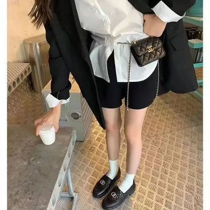 Black Chunky Heel Loafer Shoes  Women Autumn Thick Sole Slip-on Leather Shoes