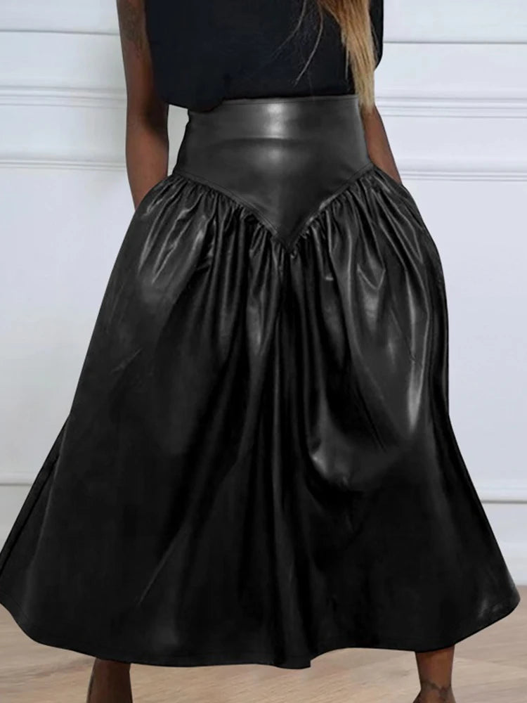 Women Plus Size High Waist Flared Leather Skirt
