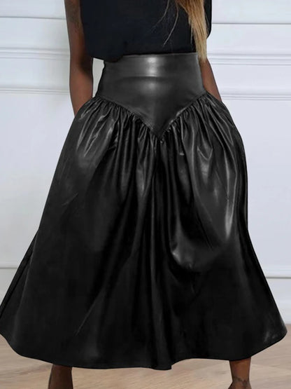 Women Plus Size High Waist Flared Leather Skirt