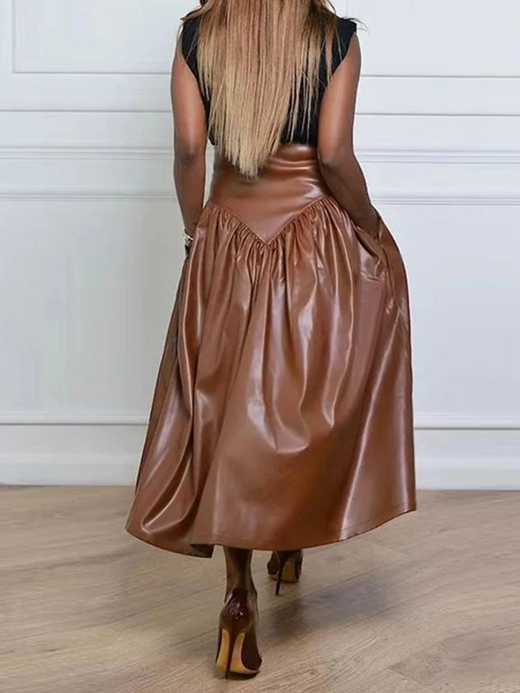 Women Plus Size High Waist Flared Leather Skirt