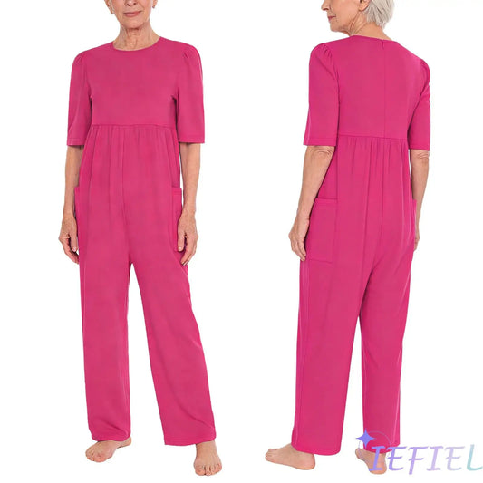 Elderly Special Need Adaptive Jumpsuit Short Sleeve Side Pockets Long Pants  Anti-Strip Unitard