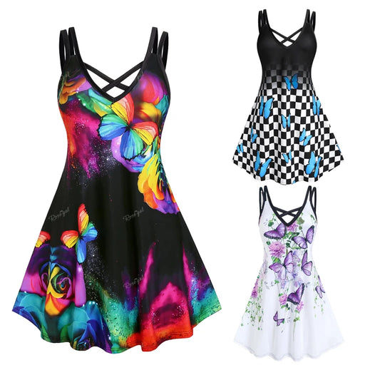 Women Plus Size Butterfly Flower Printed Crisscross Dress