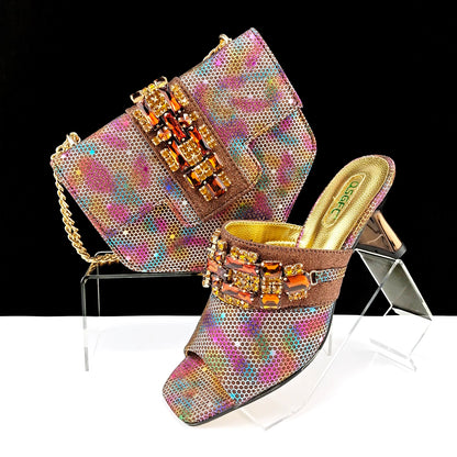 Italian Fashion Square toe Women Strange Heels Bigger size Fashion Rhinestone Decoration Brown Shoes And Bag set Party bag