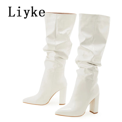 Autumn Winter Pleated Patent Leather Knee High Boots Slip On Motorcycle Shoes Women Square Heels