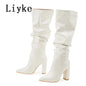 Autumn Winter Pleated Patent Leather Knee High Boots Slip On Motorcycle Shoes Women Square Heels