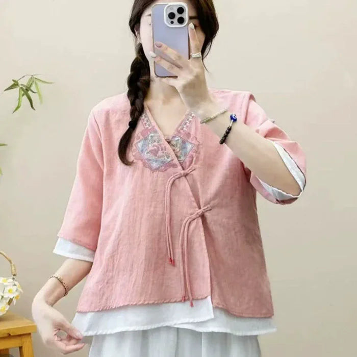 Casual Loose Blouse Shirt Women  Vintage Embroidery Woman Shirt