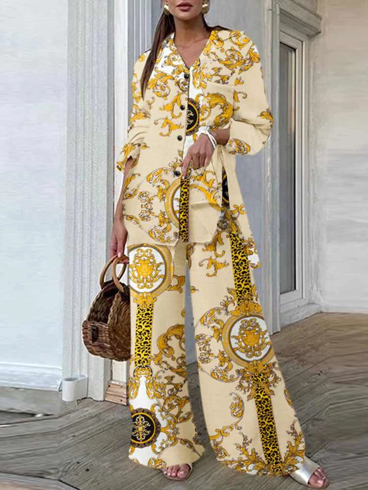 Casual Loose Vintage Printing 2pcs Pantsuits Side Slit Long Shirt