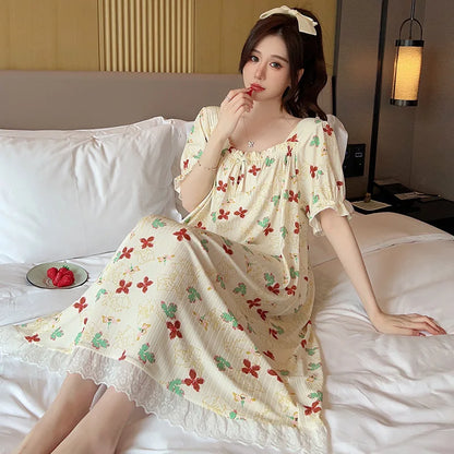 M-5XL Plus Size Sleep Dress for Women Sweet Summer Sleepwear Students Cute Print Nightgown Pajama Sleepshirt