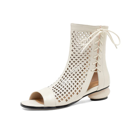 Women's new spring and summer leather cowhide exposed toe, middle heel, lace up, side zipper, perforated short boots, cool boots