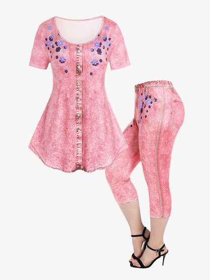 Plus Size 3D Print Tee and Capri Leggings Matching Set for Women Butterfly Floral Pattern Cloth