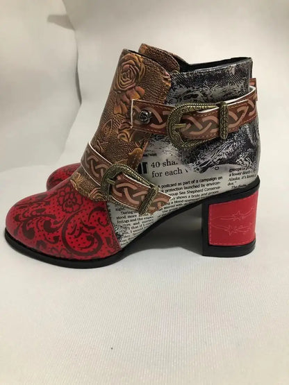 Fashion Vintage Splicing Printed Ankle Boots