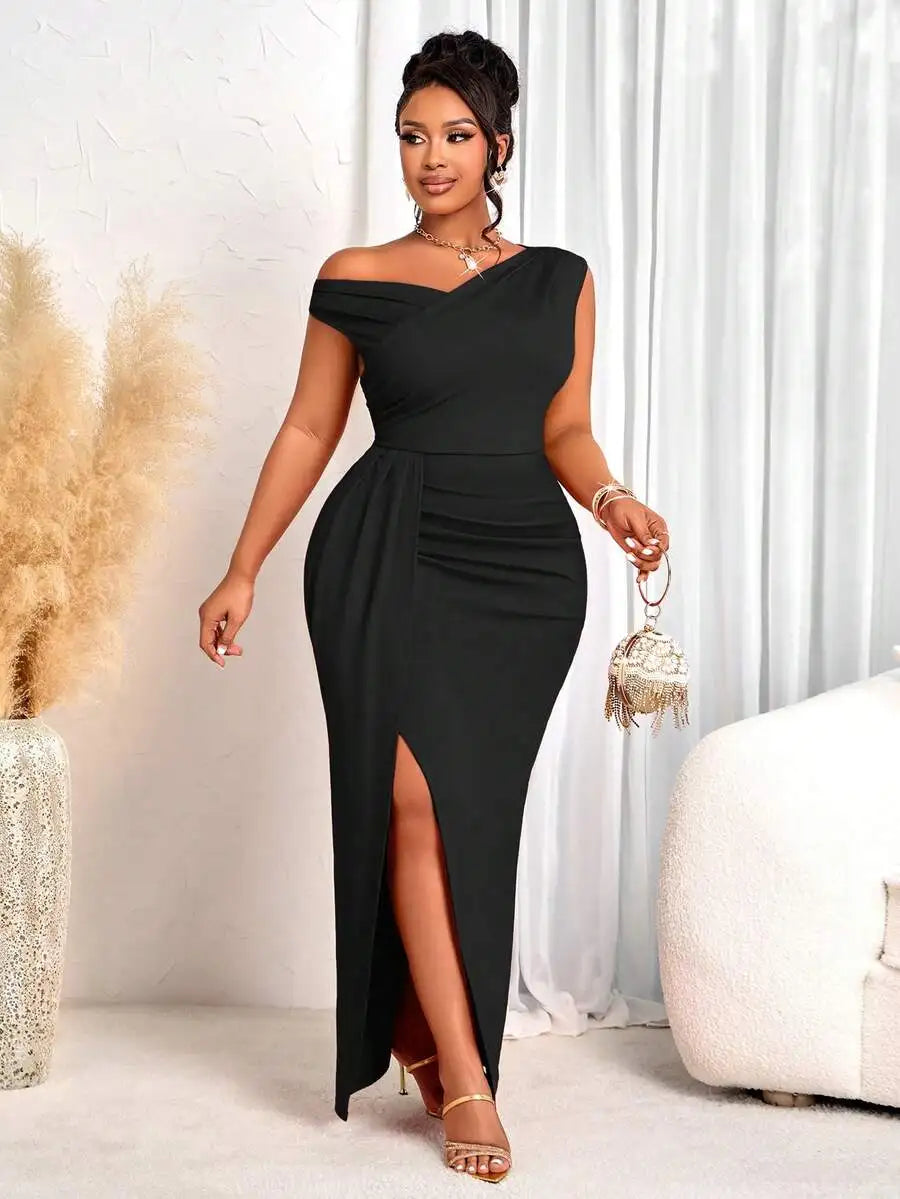 Women Elegant Fitted Long Dress Beige Asymmetrical Neck High Slit Formal Party