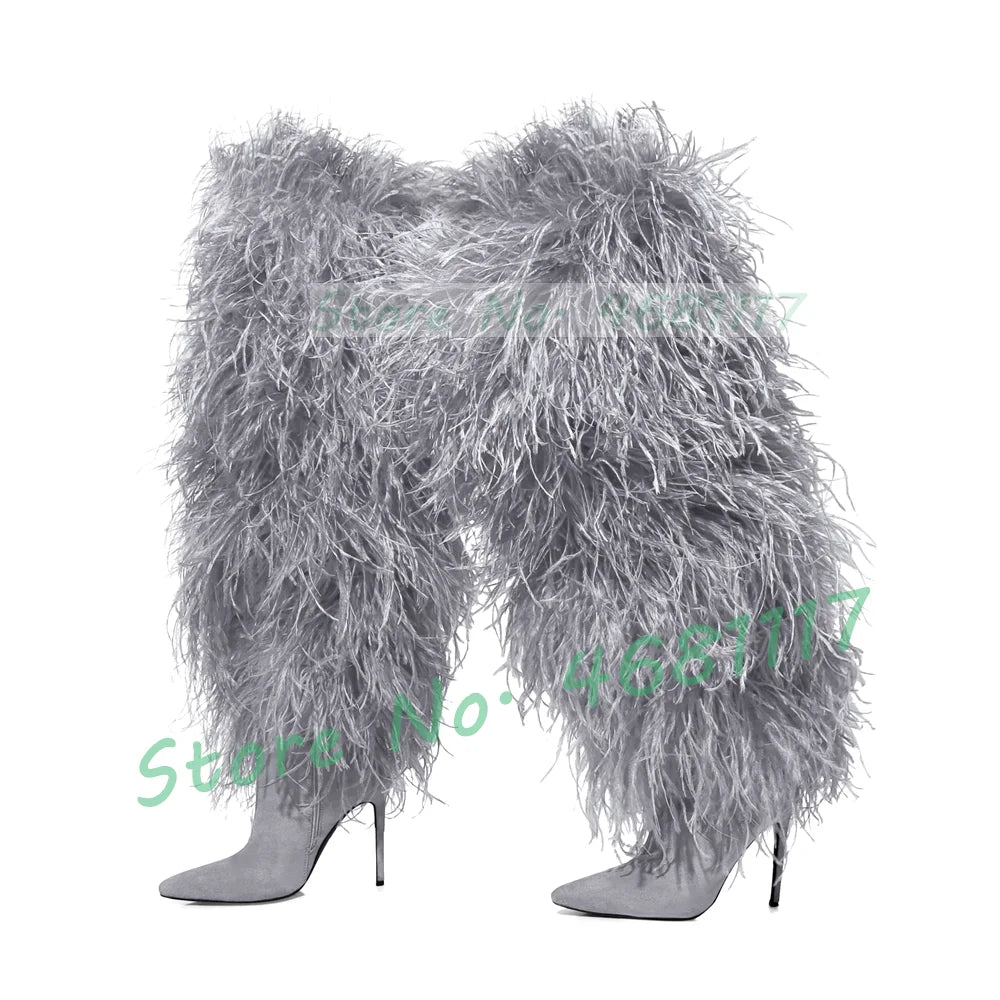 Women Fluffy Real Ostrich Feather Knee High Boots Women