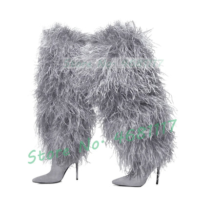 Women Fluffy Real Ostrich Feather Knee High Boots Women