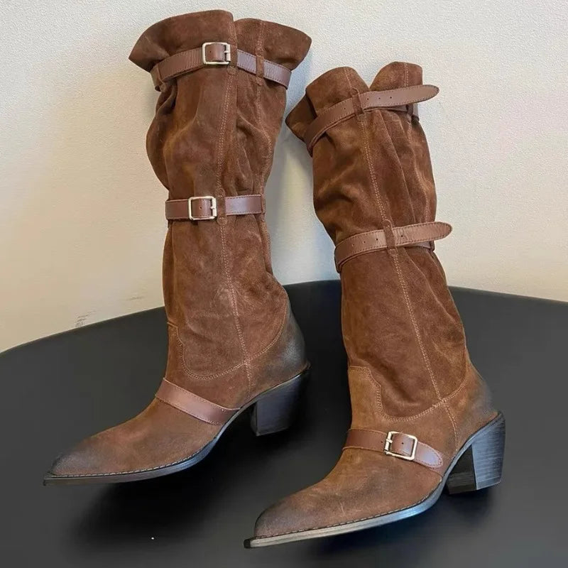 High Heels Long Boots Women Belt Buckle Pointed Toe